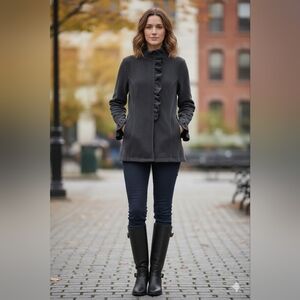 Elegant Women's Gray Ruffle Trench Coat With Large Snap Buttons